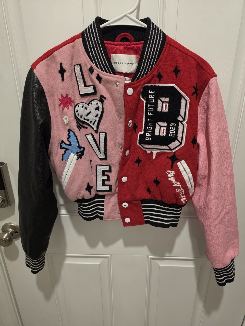 First Row Pink & Red Varsity Jacket - LOVE Patch Detail